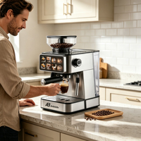 Cafetera Espresso 2 en 1 con Pantalla Táctil IMD, Bomba Italiana ULKA de 20 Bares, 51 mm, Digital, de Acero Inoxidable, con Molinillo Integrado