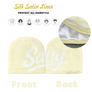Produsen <span class=keywords><strong>Beanie</strong></span> sutra hitam Y2K topi rajut Jacquard kupluk Satin dengan lapisan sutra di dalam - Product Image 5