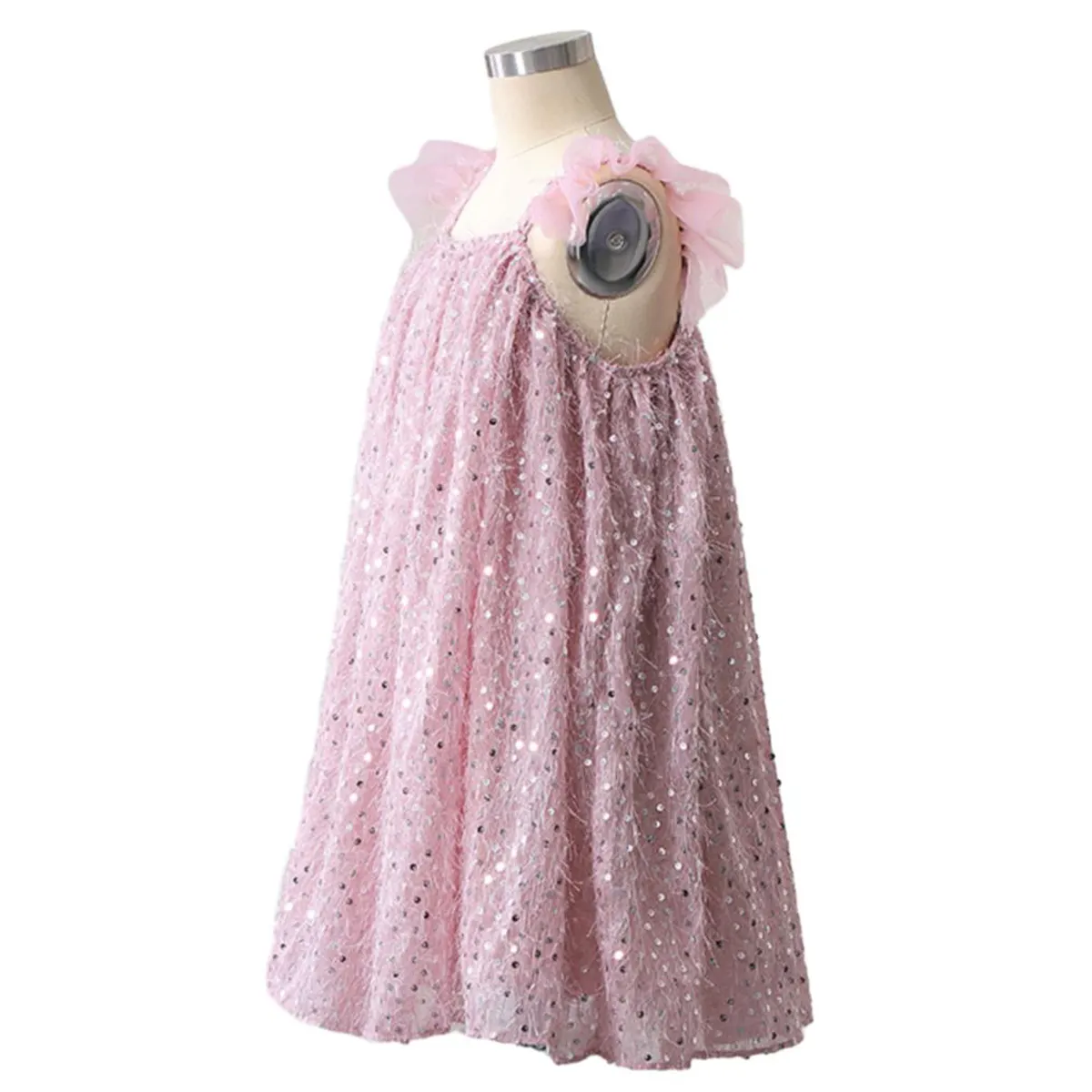 Venta al por mayor personalizado Rosa volante manga niñas vestidos de lentejuelas niñas vestido de tul para el verano