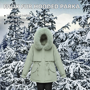 เสื้อคลุมยาวสำหรับผู้หญิงมีฮู้ดขนสัตว์เทียมสีล้วนกันลมมีซิปปิดและกระดุมสำหรับตกแต่งขนาดพิเศษ - Product Image 3