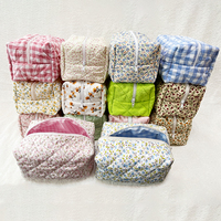 Offre Spéciale mignon voyage femmes léger bleu vichy pochette de maquillage petit sac cosmétique en coton Floral
