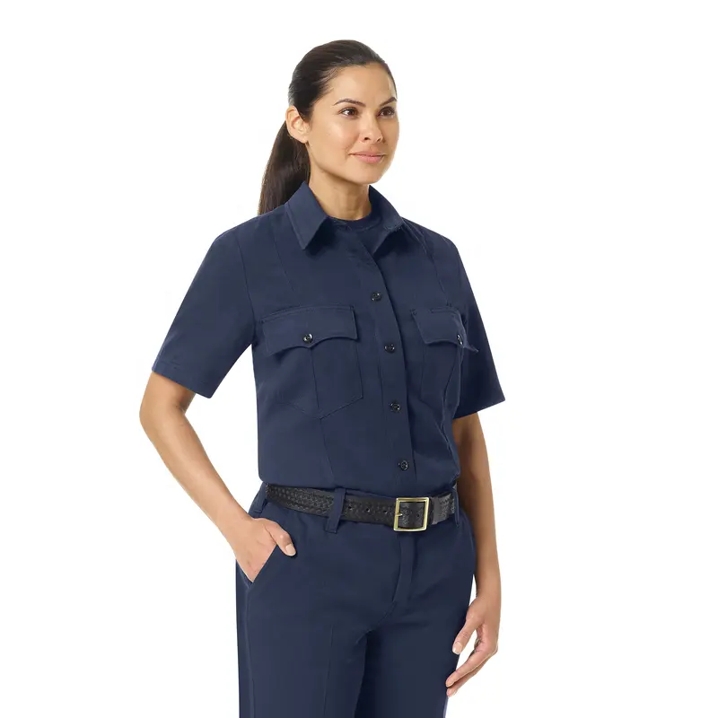 Camisa feminina segurança vestido, uniforme de segurança com logotipo e botão remendo frc roupas