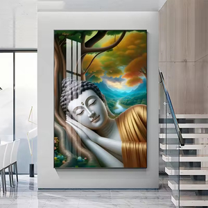 Peinture murale décorative en porcelaine, art moderne luxueux, avec cadre de chakras dorés pour la méditation religieuse indienne, ornée de cristaux de diamant. - Product Image 4