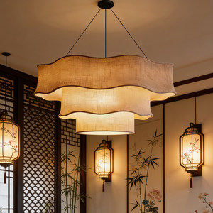 Lustre inspiré du style zen E27 à six têtes, en tissu noir rond, pour la décoration de salon et de la maison - Product Image 5