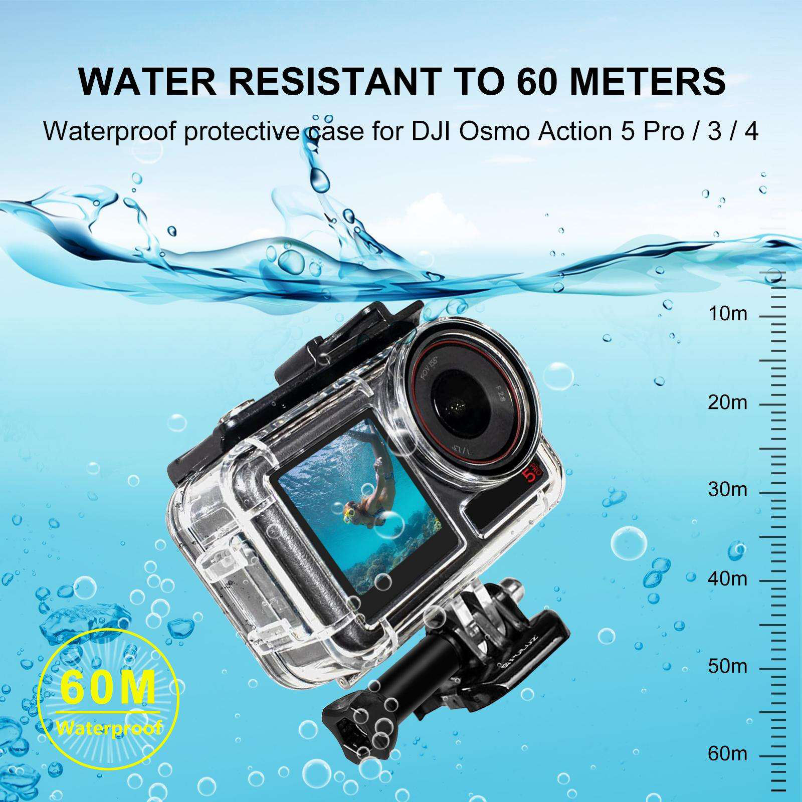 For DJI Osmo Action 5 Pro/3/4 Sport Camera HONGDAK 60m Waterproof Housing Diving Case with Cold Shoe, Buckle Basic Mount, Screw