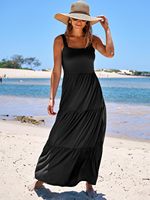 Robe d'été décontractée longue sans manches à col carré fluide et étagé pour femme, lavable, avec poches, en rayonne, polyester et élasthanne
