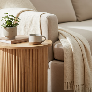 Tavolino <span class=keywords><strong>Rotondo</strong></span> da Divano in Legno Scanalato, Tavolino da Caffè per Soggiorno, Comodino - Product Image 5