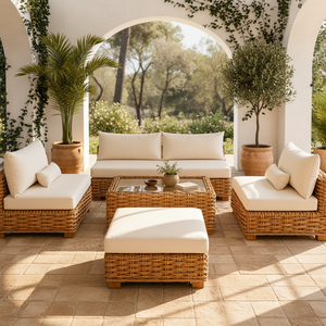 Luxury <b>Outdoor</b> <b>Wicker</b> Lounge Furniture Set with Glass Coffee Table and Ottoman for Patio Villa and Resort Spaces - Product Image 1
