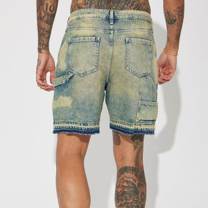 Shorts en jean vintage délavé pour homme, teinte jaune, style charpentier, ourlet brut, streetwear, patchwork délavé, jorts - Product Image 3