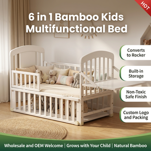 Cama Convertible 6 en 1 de Bambú No Tóxico para Niños, Cama de Juego, Mueble de Guardería, Mesa, Cambiador, Almacenamiento Seguro para Bebés - Product Image 1
