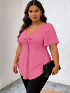 Blusa de talla grande para mujer con diseño retorcido frontal, mangas con volantes, cuello en V calado y peplum tipo túnica - Product Image 2