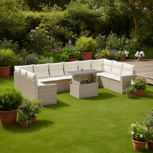 Conjunto de Sofás de Jardín Beige de 6 Plazas, Muebles de Ratán para Exteriores con Almacenamiento, Diseño Contemporáneo - Product Image 2