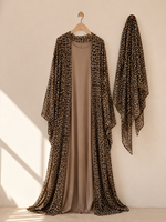 Ensemble Abaya Trois Pièces pour Femme, Imprimé Léopard, en Chiffon, Robe Extérieure Ouverte, Robe Intérieure Assortie, Hijab - Mode Pudique