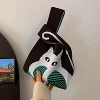 Sacs cadeaux tricotés pour les fêtes, motif chaton mignon, style simplicité urbaine, sac fourre-tout grande capacité 20x36cm, sac de transport pour boîte à lunch en fil