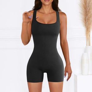 Combinaison courte sans manches côtelée à col carré, élastique, pour femme, effet push-up, collection sport 2026 - Product Image 1