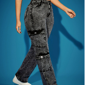 <span class=keywords><strong>Pantalon</strong></span> <span class=keywords><strong>cargo</strong></span> multi-poches pour <span class=keywords><strong>femme</strong></span>, style euro-américain, en denim extensible noir, coupe longue, délavé vintage, fait main, collection 2026 - Product Image 6