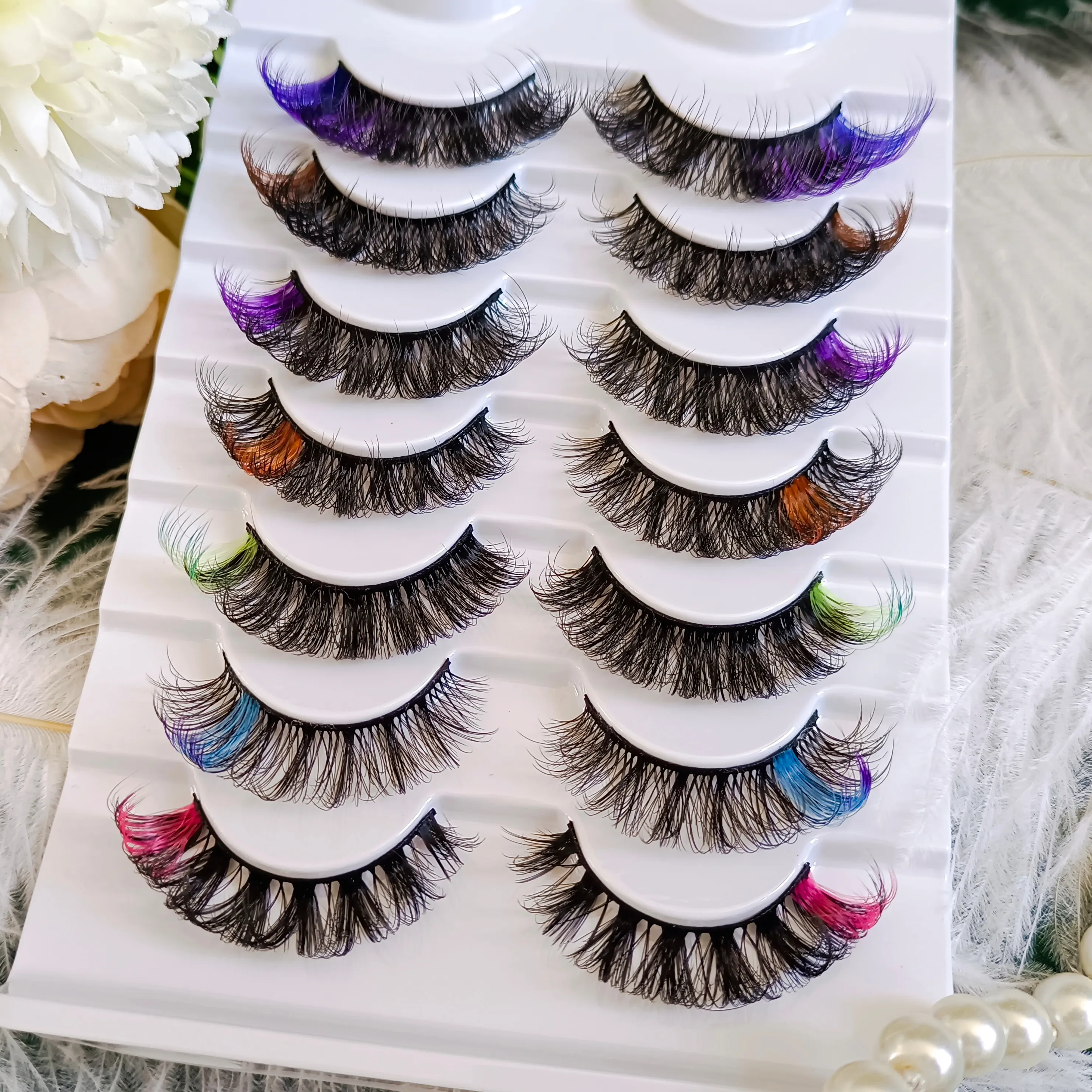 Vente en gros de faux cils de vison colorés et duveteux, étiquettes privées, faux vison coloré, cils bouclés D