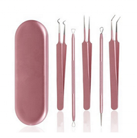 Kit de traitement de l'acné BE BEAUTY en acier chirurgical inoxydable de couleur rose avec pinces à points noirs incurvées, extracteur de comédons et de pores