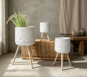 Botanical Leaf Embossed Standing Planter <b>Set</b> of 3 with Tripod Wooden Legs, Weather Resistant Decorative Plant Pot for <b>Home</b> Hotel - Product Image 1