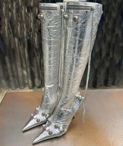 Nuevas Botas Altas hasta la Rodilla para Mujer, Color Plateado, con Cierre Lateral, Punta Puntiaguda, Tachuelas Metálicas, Tacón de Aguja - Product Image 1