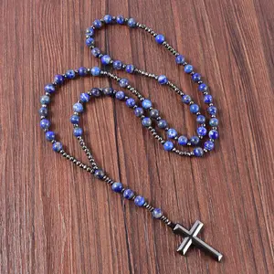 8mm natürliche Lapislazuli mit Hämatit Kreuz Anhänger Halskette katholische Christus Herren Rosenkranz Halsketten Schmuck Drop Versand