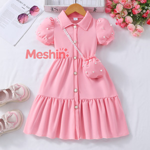 Vestido de Princesa con Mangas Abullonadas de Color Rosa Claro Sólido para Niña, con Bolso de Hombro con Perlas, para Actuaciones - Product Image 1