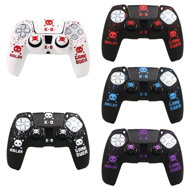 Water Transfer Printing Pixel Skull Silicone Cover Skin with Thumb Grips for PlayStation 5 Controller