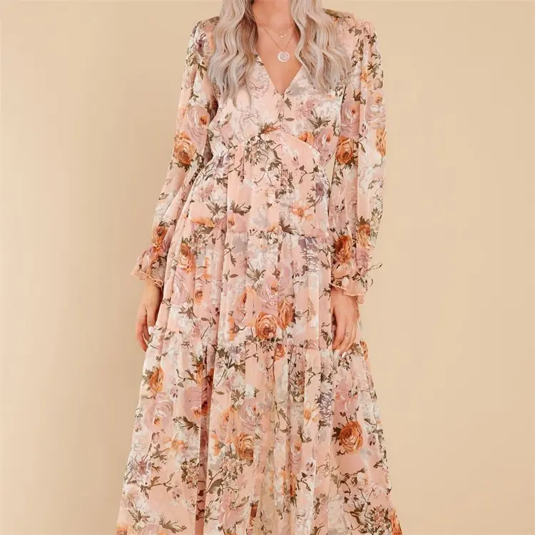 Custom Casual Boutique Split V-Hals Vintage Chiffon Maxi Jurken Lange Mouwen Dames Gebloemde Jurk