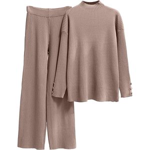 Conjunto de Suéter para Mujer FOXA, Tejido de Punto, Color Sólido, 2 Piezas, Top de Manga Larga, Pantalones de Cintura Alta, Ropa Casual de Otoño e Invierno - Product Image 1