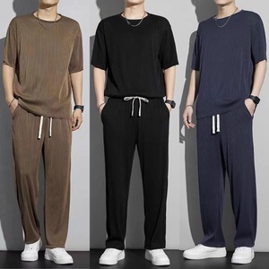 Nouvel ensemble décontracté 2 pièces pour <span class=keywords><strong>homme</strong></span> en soie glacée respirante et à séchage rapide, T-shirt et <span class=keywords><strong>pantalon</strong></span> amples, collection été 2026 - Product Image 2