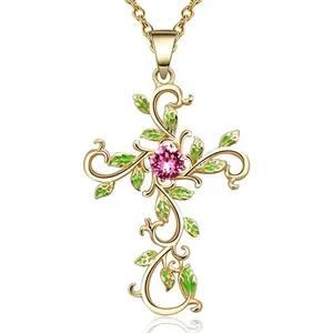 Elegant Goddess Temperament Inlaid Clavicle Christian Religious Personality Flower Cross Pendant four leaf clover necklace