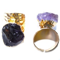 Bague ouverte en or et cuivre avec pierres précieuses brutes de quartz, citrine et améthyste irrégulières, plaquée or, réglable