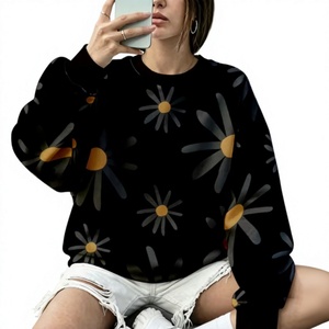 Sudadera Negra Extra Grande con Estampado Floral, Cuello Redondo, Manga Larga, Tejida, Informal, Unisex, para Otoño, 100% Algodón - Product Image 1