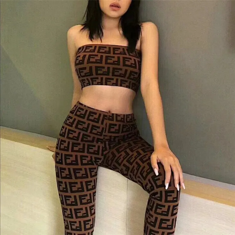 Spring/Autumn Women Sexy Leggings High-waist Trouser Digital Printed Bottoming Tube Top Women Joggers Suits Two Piece Pants Sets