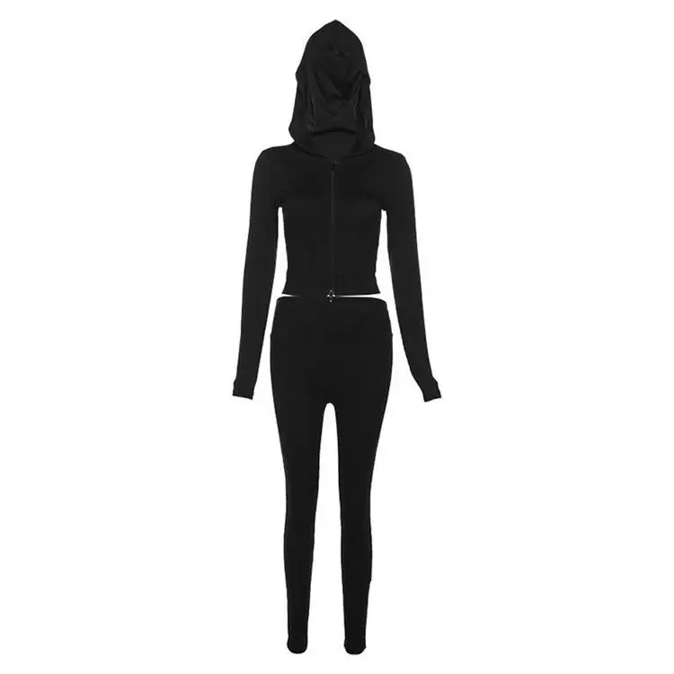 Yeni sonbahar kış moda rahat uzun kollu düz renk Bodycon spor kıyafetler kadınlar Hoodie iki adet setleri