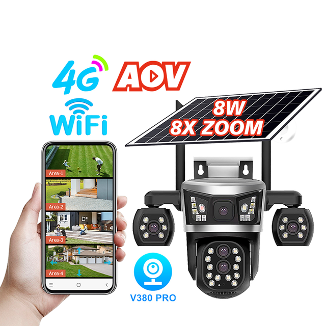 4K V380pro 8MP 4-Lens 8W Solar Panel 8X Zoom AI Human & Motion Detection Two Way Audio IP66 4G WiFi PTZ Bullet Security Camera