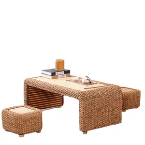 Hot Sale Modern Wood Frame Straw Woven Artistic Japanese Style high-end Natural coffee table for living room