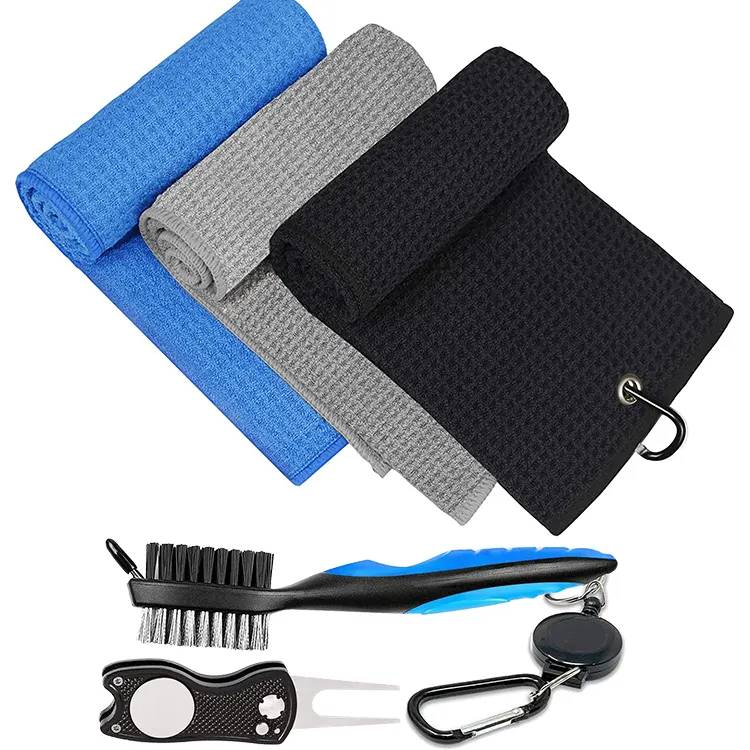 Kunden spezifische hochwertige Sport faltbare Handtücher mit Tülle personal isiert Mikro faser Waffel Golfball Handtuch