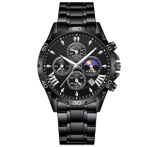 Montre multifonction pour homme, chronographe noir, phase de lune, acier inoxydable - Product Image 4