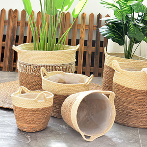 Panier à plantes en jonc de mer tressé 20-35L, panier de rangement rond sur pied pour intérieur - Product Image 2