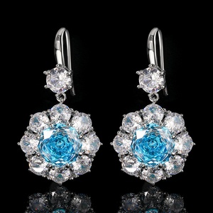 Fashion Eco-friendly Copper Bridal Jewelry Set Wholesale 14-10mm Blue Zircon Rose Cut Simple Round Pendant <b>Earrings</b> Rings Set - Product Image 4