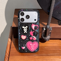 Coque de téléphone DIY avec nœud d'amour à paillettes noires pour iPhone 17 Air 16 15 14 13 Pro Max, motif fleur en résine scintillante, étoile 3D, coque arrière DIY