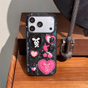 Black Glitter Love Bow DIY Mobile Phone case for <b>iPhone</b> 17 Air 16 15 14 13 Pro Max bling Resin Flower DIY Star 3D back Cover - Product Image 5