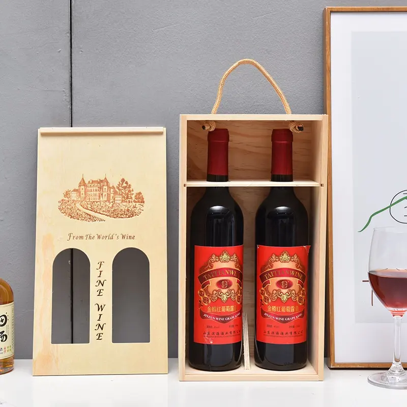 कस्टम बांस लकड़ी का प्रीमियम उपहार रेड वाइन लकड़ी का बॉक्स 2 पैक लकड़ी का वाइन टोकरा