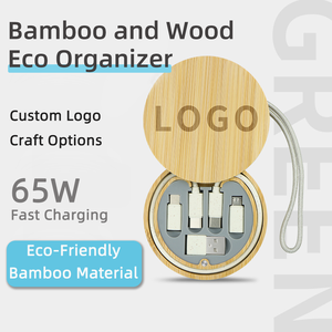 Custom Logo Bamboo <b>USB</b> Cable Set Round Tangle Free Charging Cable Organizer With Carabiner - Product Image 4
