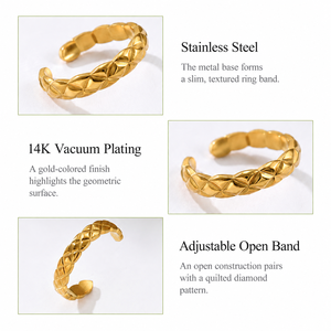 Adjustable <b>Open</b> <b>Ring</b> Stainless Steel with 14K Vacuum Plating Quilted Diamond Pattern 0.4 cm Wide Gold Color Band - Product Image 2