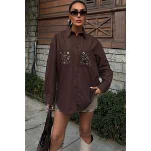 Camisa de Popelina Marrón con Detalle de Ojales Metálicos, Blusa Casual para Mujer, Cierre de Botones, Talla 3453 - Product Image 5