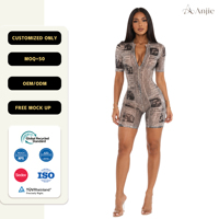 Anjie OEM ODM Combishort en maille pour femme à imprimé journalier, fermeture éclair sur le devant, style short cycliste, marque privée personnalisée, vente en gros