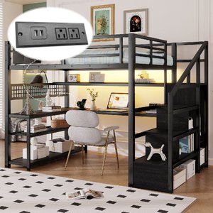 Lit mezzanine pleine taille avec escalier et armoire, lit mezzanine avec bureau, étagères de rangement, éclairage LED et station de charge, ODM/OEM - Product Image 1