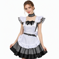 Costume de demoiselle d'honneur japonaise pour femmes, robe gothique Lolita à rayures fines, tablier, collier ras du cou, manches à volants, tenue de cosplay pour Halloween